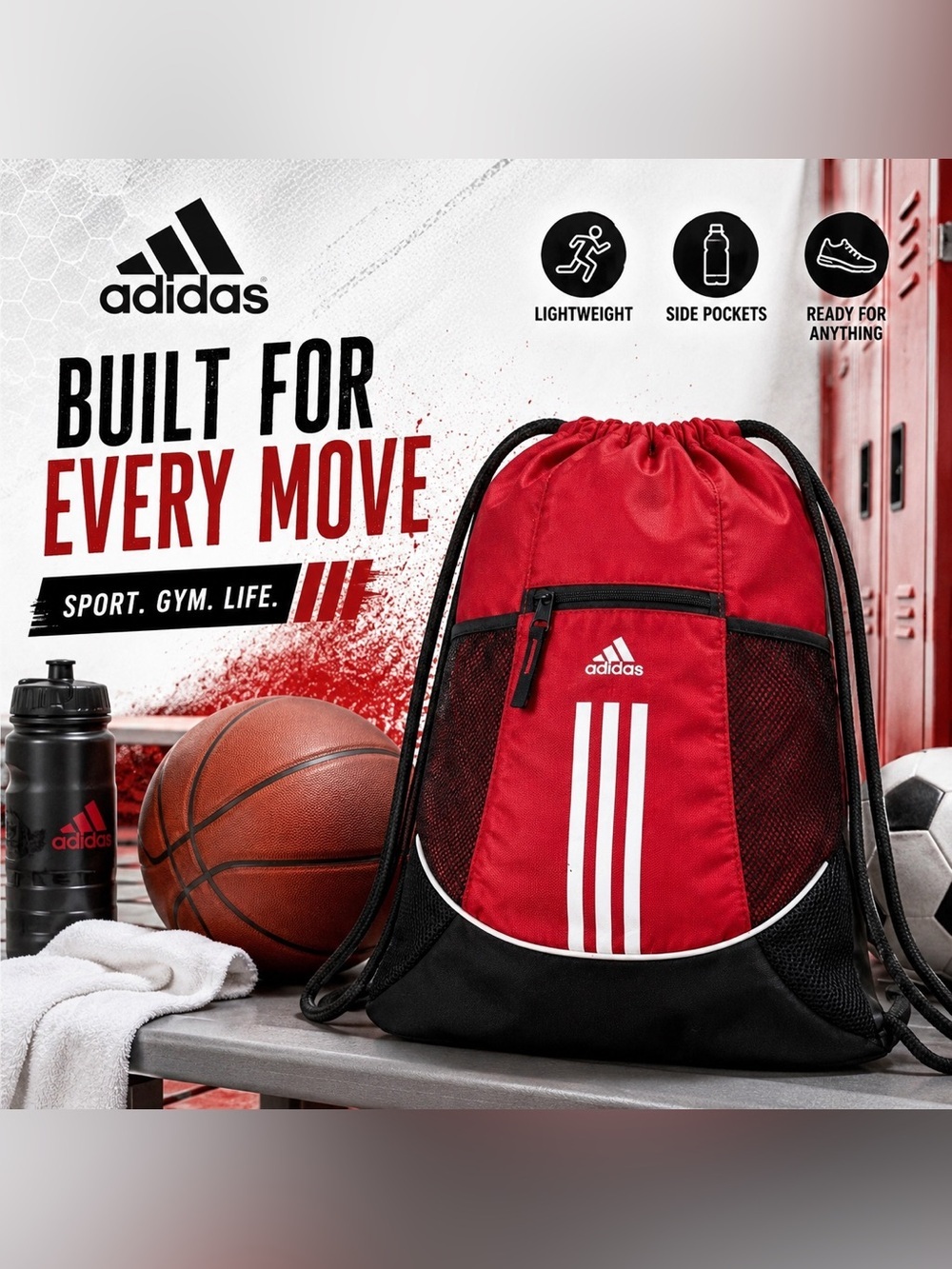 Adidas Red & Black Drawstring Backpack Gym Sack Cinch Bag with Front Zip Pocket